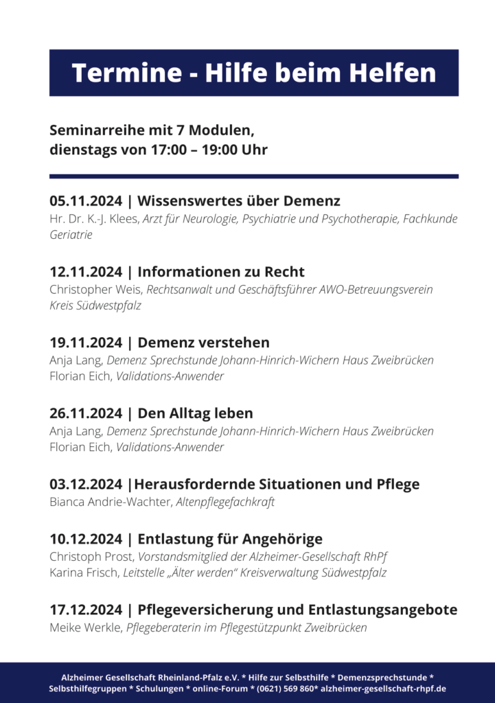 Demenz Landkreis Südwestpfalz Pirmasens Zweibrücken Veranstaltungen 2024